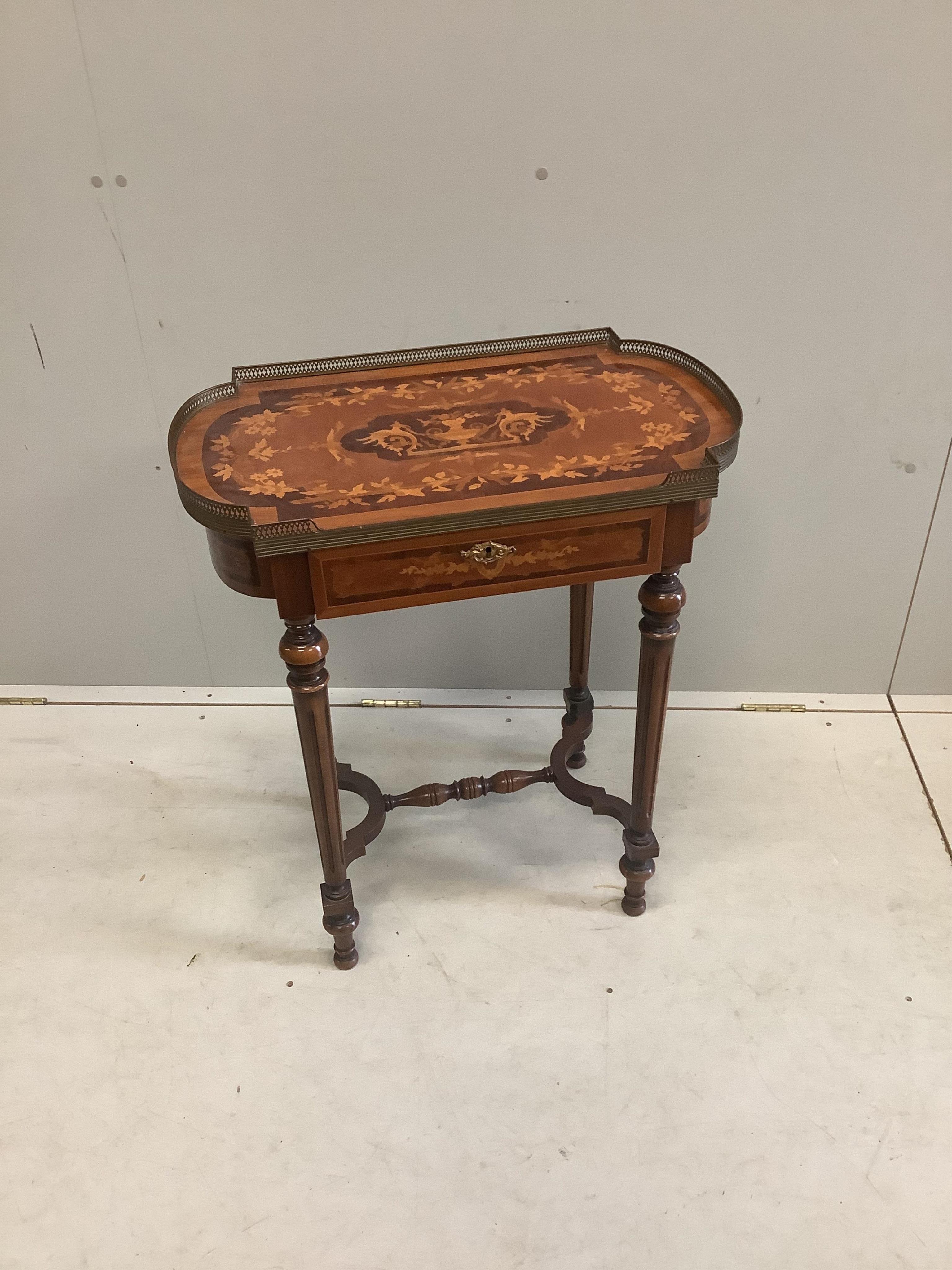 An early 20th century French marquetry inlaid three tier etagere, width 45cm, depth 26cm, height 81cm together with a reproduction marquetry inlaid kingwood side table. Condition - fair